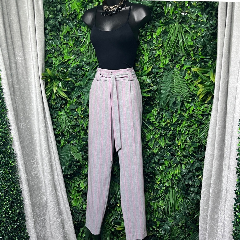 Express Pants Size 2L Pink Gray Ankle High Rise‎ Striped Paperbag Waist 3430